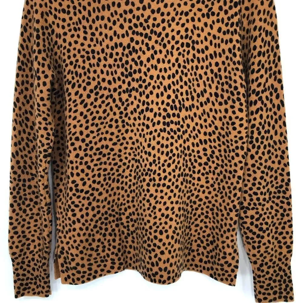 J. Crew LAYLA Camel Tan Black Dot Animal Print 100% Cashmere Crew Neck Sweater